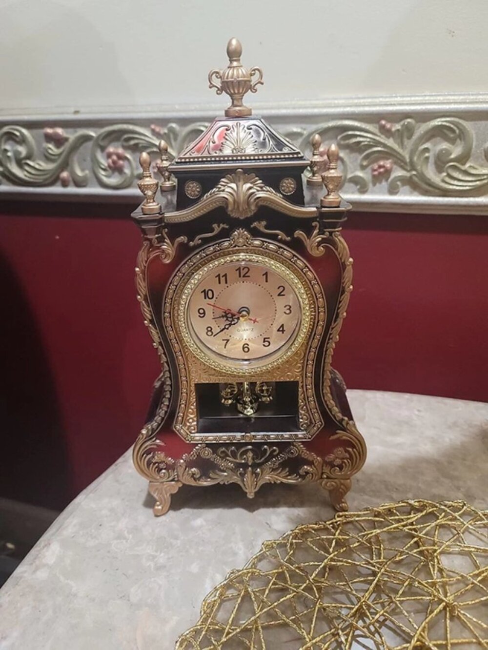 Retro European style desk clock, wall clock with pendulum and bells for home dec